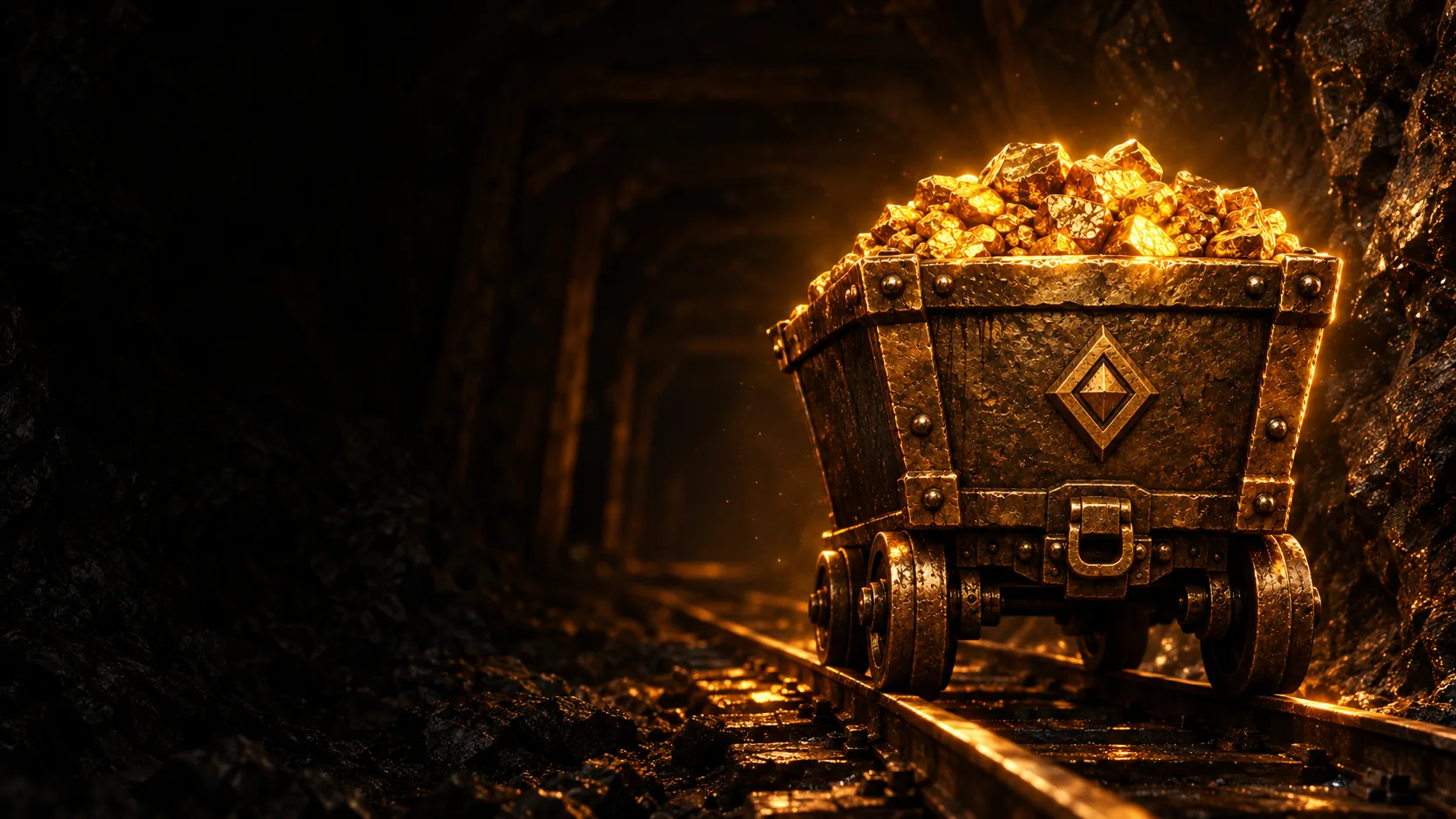 Un wagon de mine en bronze martelé, rempli de pépites d'or lumineuses, sur les rails d'une galerie sombre